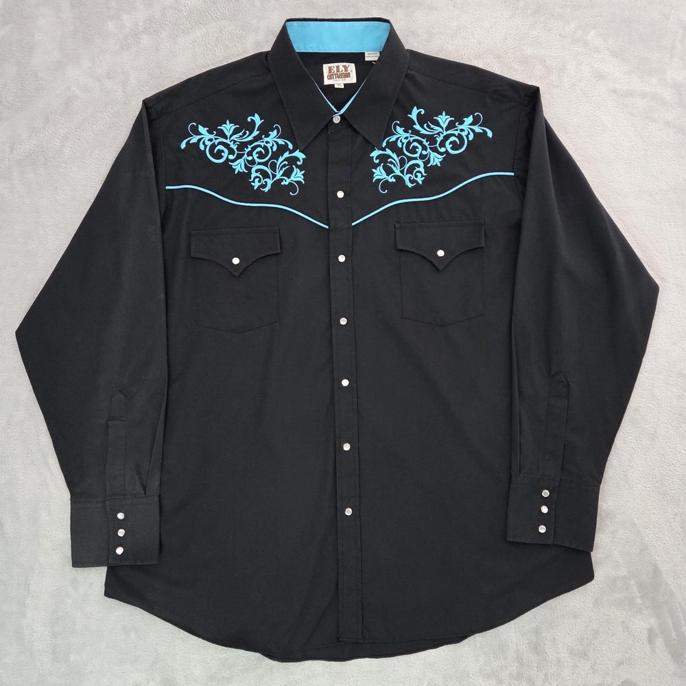 Ely Cattleman Western Pearl Snap Cowboy Shirt Mens XL Black Turquoise Rockabilly